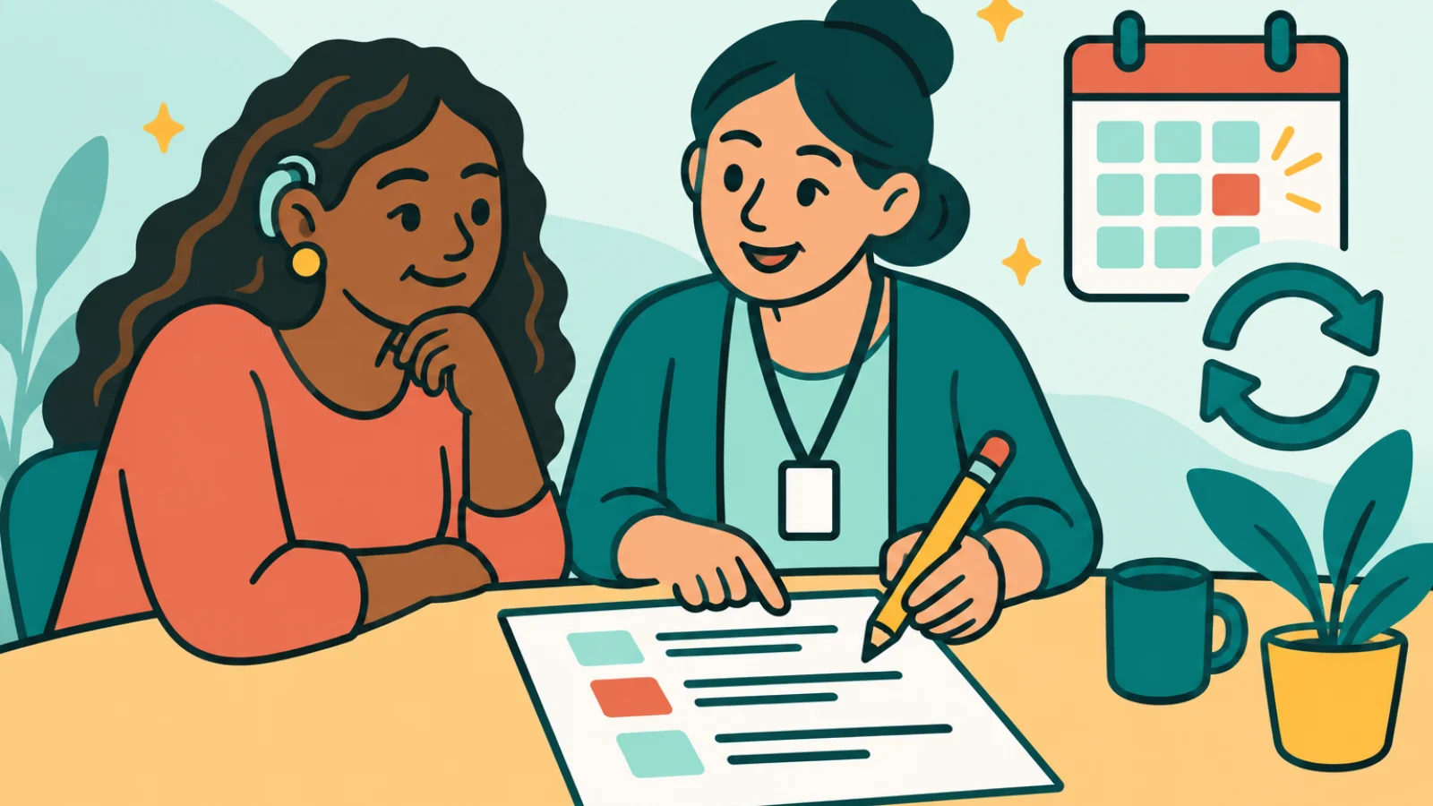 Illustration of a participant and support coordinator editing a plan document with a calendar and refresh arrow