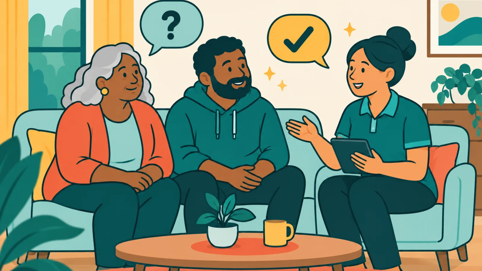 Illustration of a participant and family member asking a support worker questions in their living room