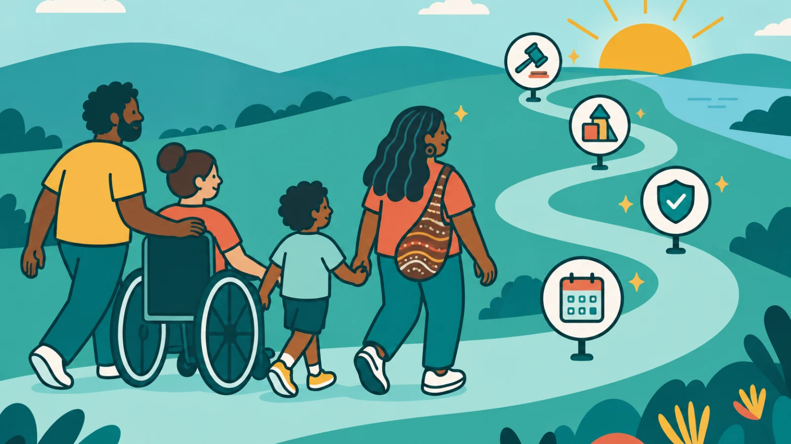 Illustration of a family walking a path past milestone markers toward a sunrise