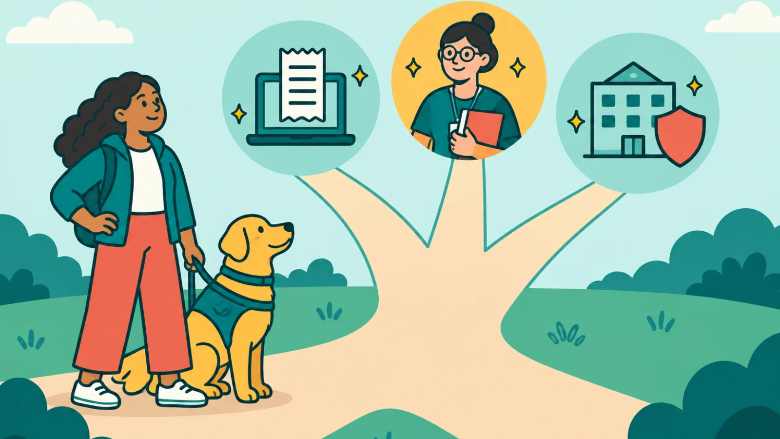 Illustration of a person at a fork with three paths leading to a laptop, a plan manager and a building