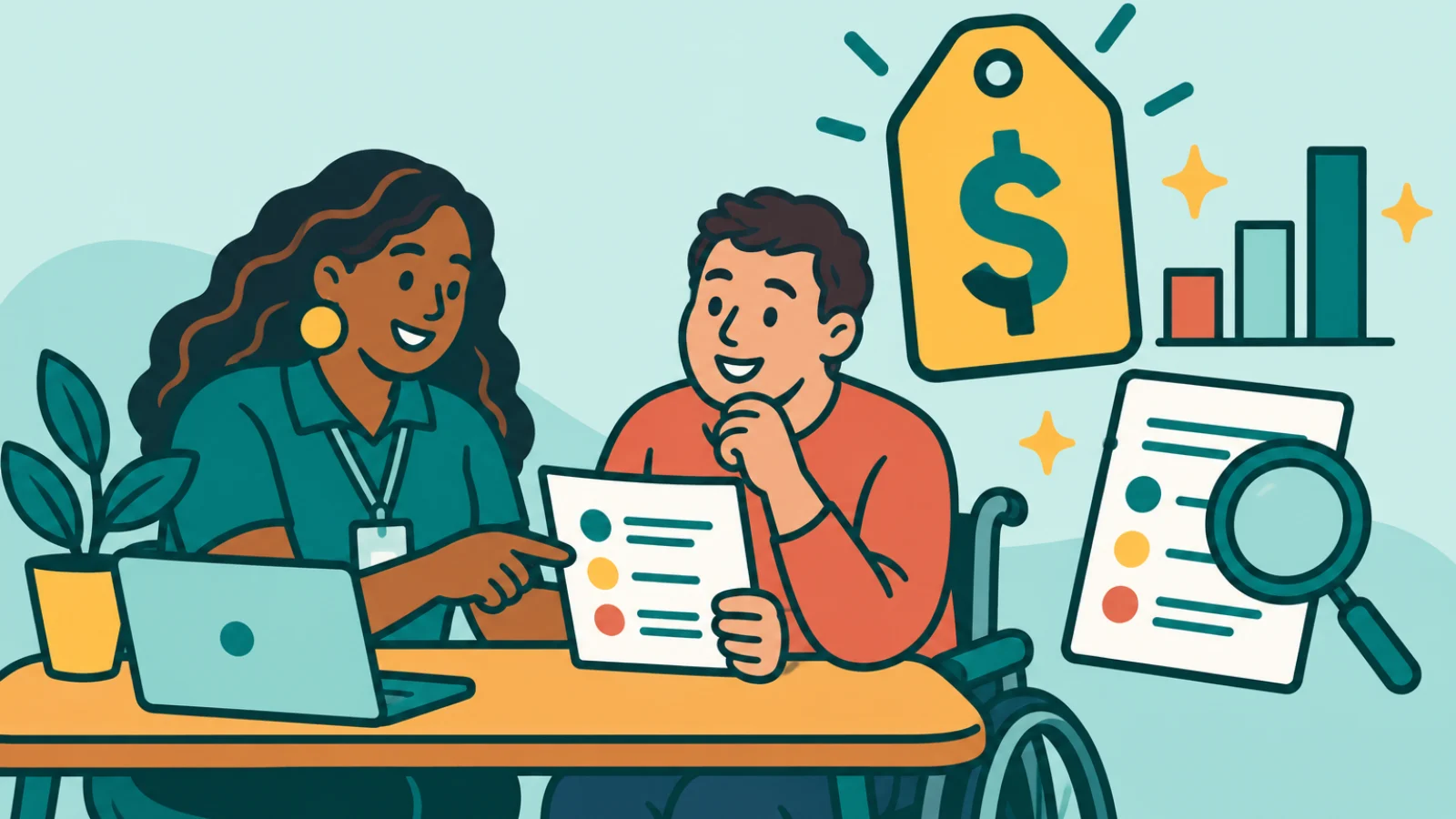 Illustration of a participant and coordinator reviewing a quote with a magnifying glass and a price tag