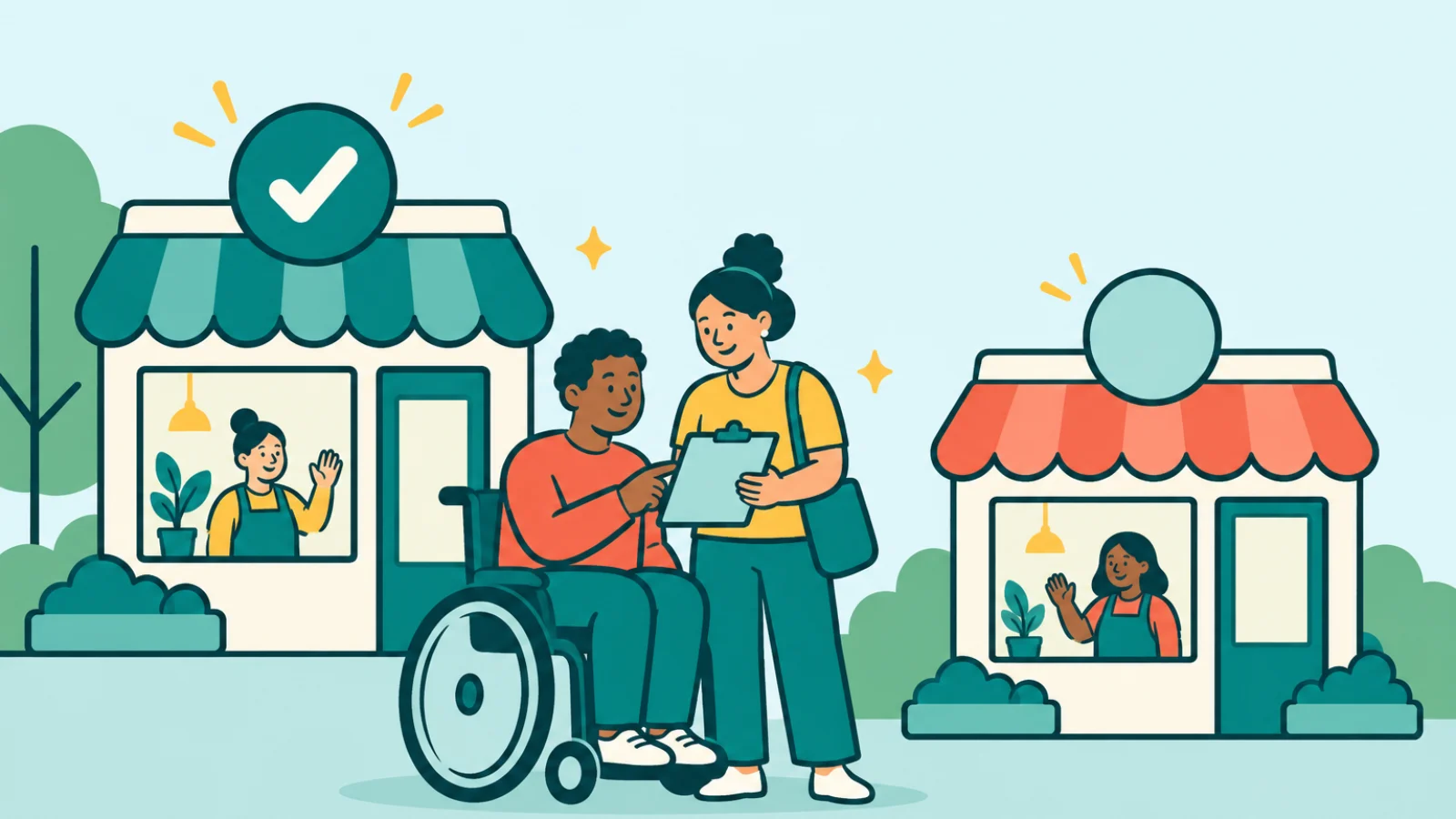 Illustration of a participant and family member comparing two provider cards, one with a registration badge