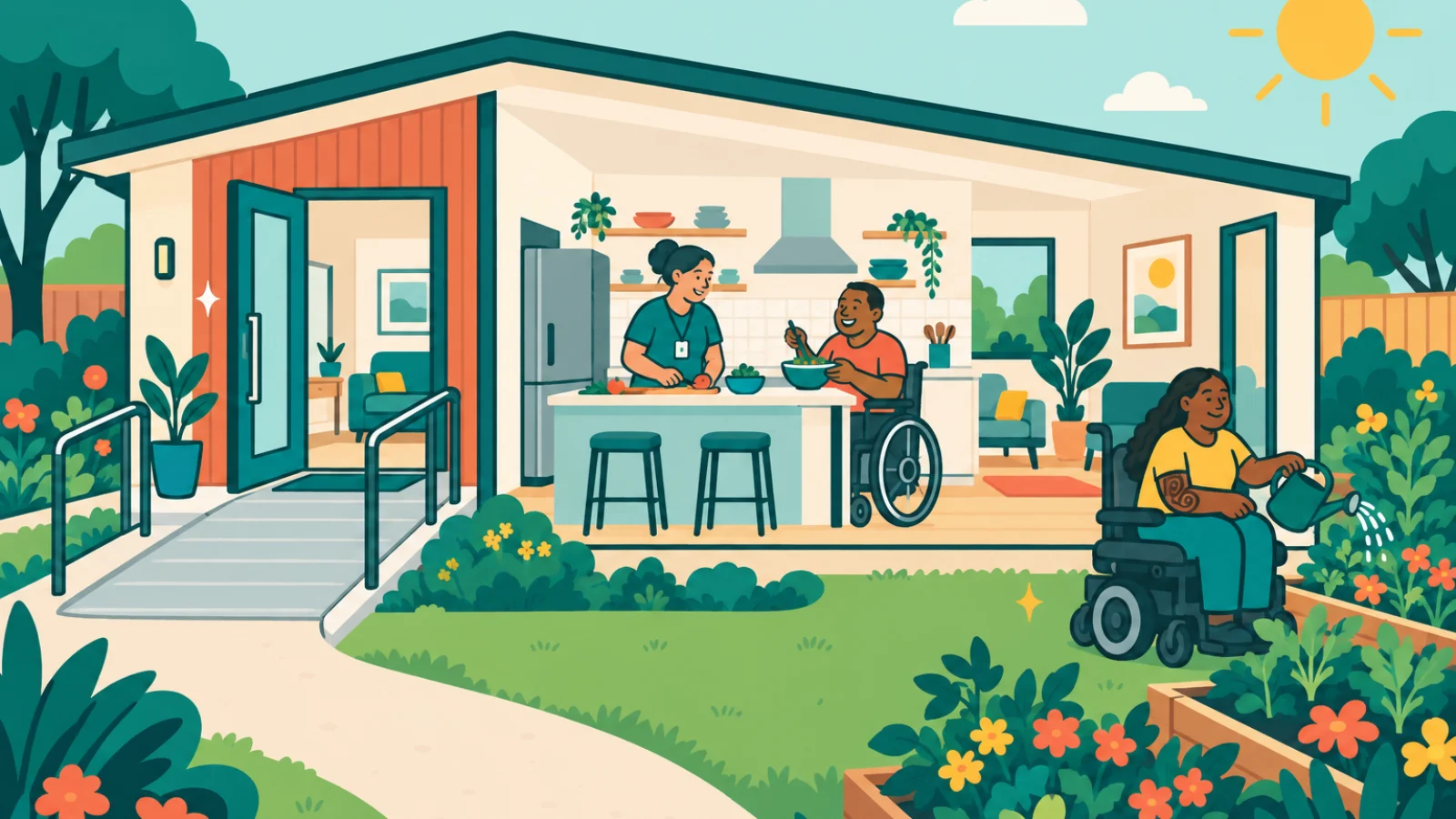 Illustration of an accessible home with residents and a support worker in the kitchen and garden