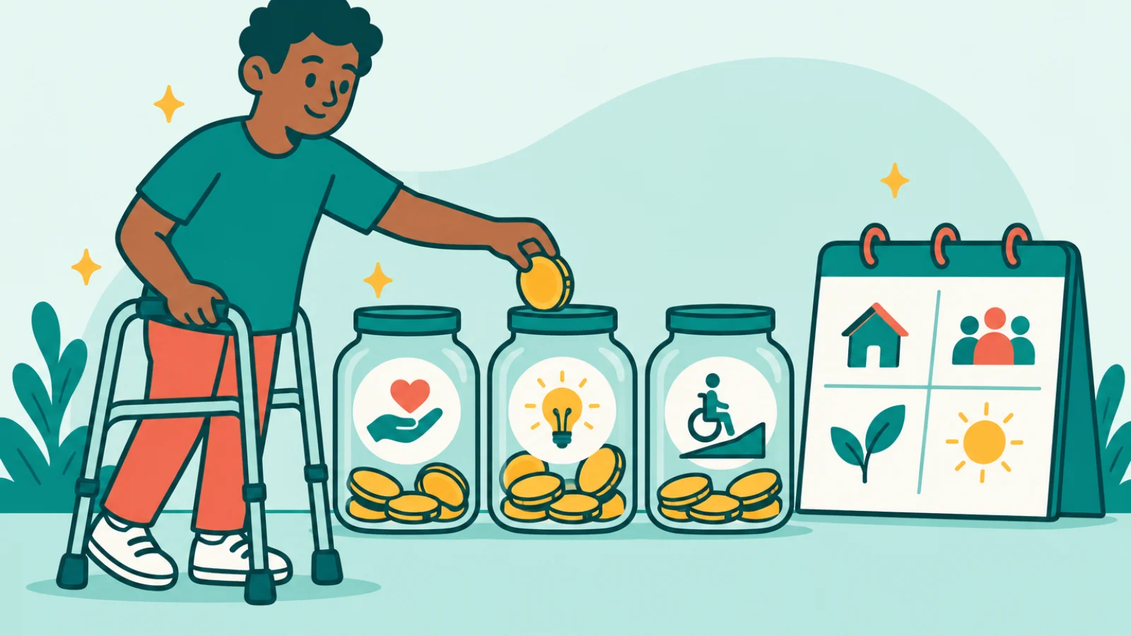 Illustration of three budget jars for core, capacity building and capital supports beside a quarterly calendar
