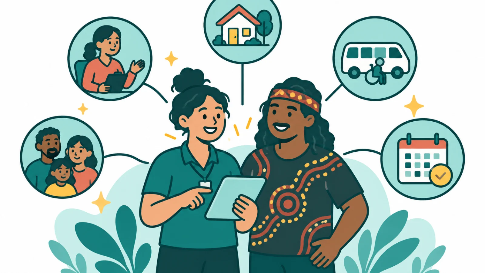 Illustration of a support coordinator and participant connected to icons for therapy, housing, transport and family